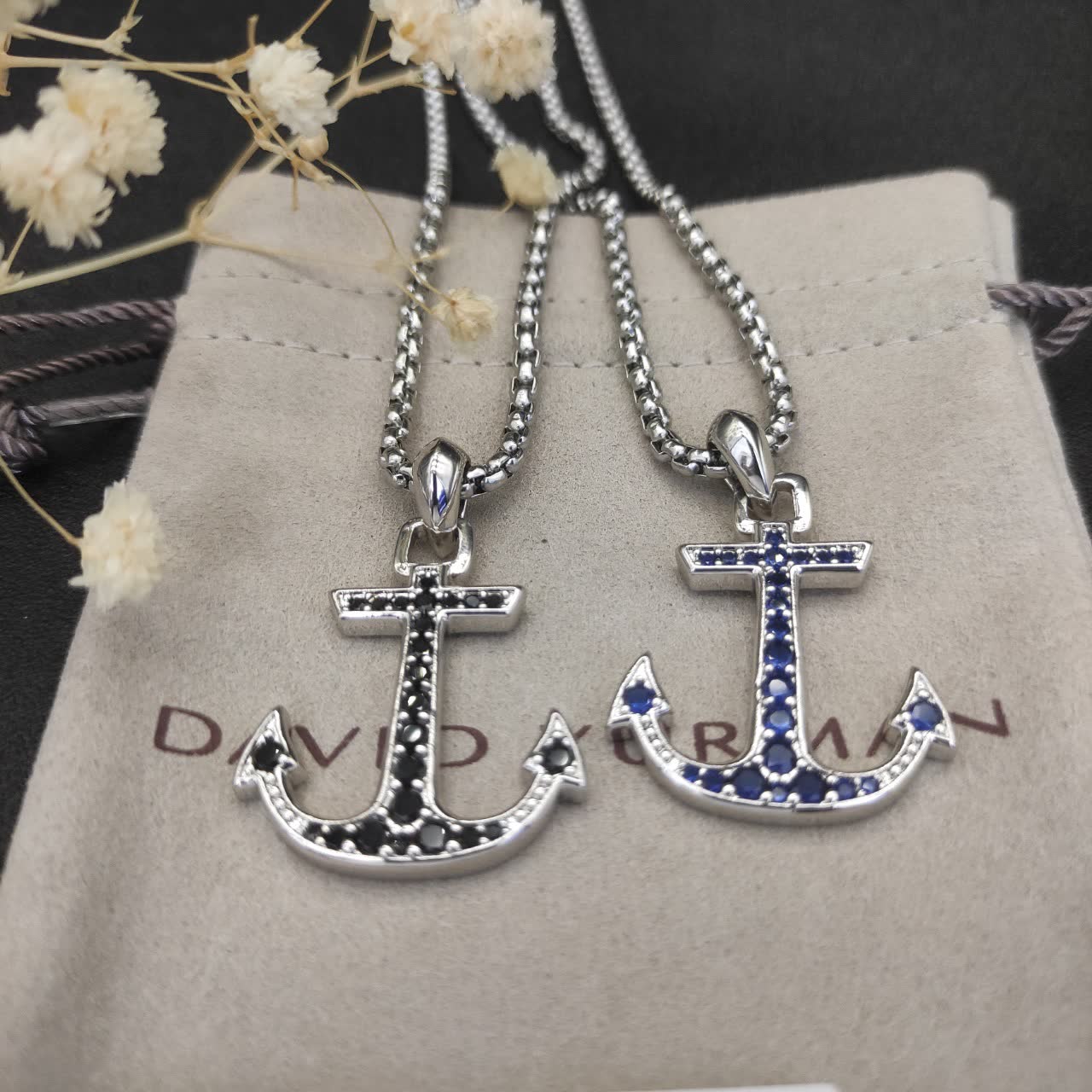 David Yurman Silver Anchor Pendant Necklace with Black Stones